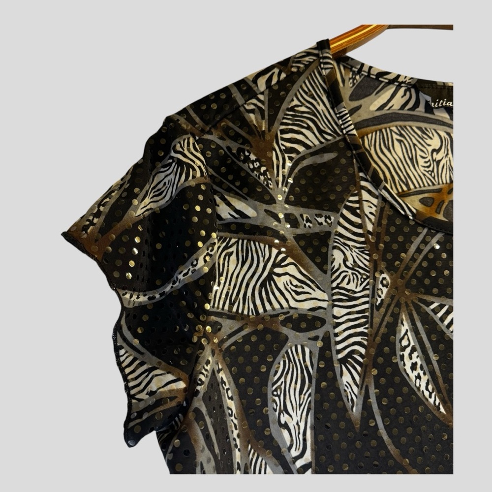 Initiatives Women’s Blouse Size M Black Brown Animal Print Short Sleeves - Picture 3 of 12